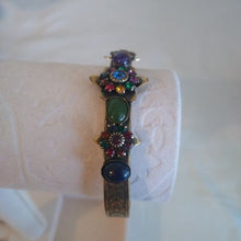 Load image into Gallery viewer, Vintage Mary DiMarco Antiqued Gold Cuff Bracelet with Blue, Green and Red Stones
