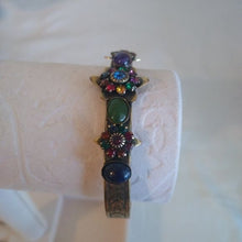 Load image into Gallery viewer, Vintage Mary DiMarco Antiqued Gold Cuff Bracelet with Blue, Green and Red Stones