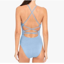 Load image into Gallery viewer, Robin Piccone Perla High Neck Crochet Mix Swimsuit, Pacific Blue, 2