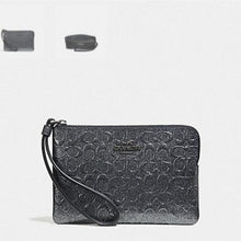 Load image into Gallery viewer, Coach F39168 Signature Glitter Patent Leather Corner Zip Wristlet, QB/Charcoal