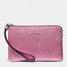 Load image into Gallery viewer, Coach Corner Zip Wristlet in Metallic Crossgrain Leather, SV/ Metallic Blush