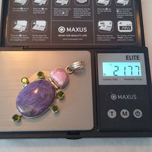 Load image into Gallery viewer, Charoite, Rhodochrosite + Peridot set in Sterling Silver Turtle Pendant
