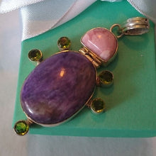 Load image into Gallery viewer, Charoite, Rhodochrosite + Peridot set in Sterling Silver Turtle Pendant