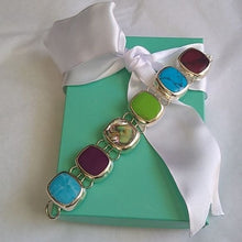 Load image into Gallery viewer, Sterling Silver, Sugilite, Jasper, Abalone + Turquoise Link Bracelet, 6.5"