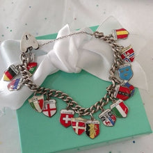 Load image into Gallery viewer, Vintage Silver Traveler&#39;s Bracelet with 15 Enamel Shield Charms
