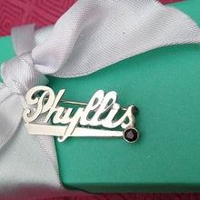 Load image into Gallery viewer, Vintage Basch Sterling PHYLLIS name in Script Brooch Silver with Garnet, 2.89 g