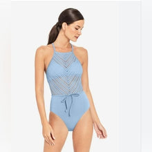 Load image into Gallery viewer, Robin Piccone Perla High Neck Crochet Mix Swimsuit, Pacific Blue, 2