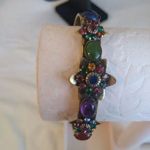 Load image into Gallery viewer, Vintage Mary DiMarco Antiqued Gold Cuff Bracelet with Blue, Green and Red Stones
