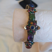Load image into Gallery viewer, Vintage Mary DiMarco Antiqued Gold Cuff Bracelet with Blue, Green and Red Stones