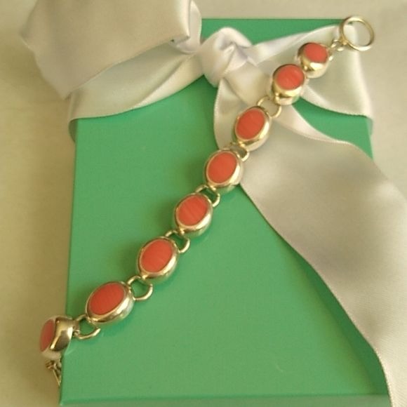 Pink Salmon Coral + Sterling Silver Chain Bracelet Mexico, 7