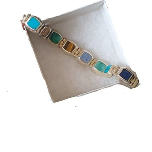 925 Sterling Silver Taxco Bracelet w/ Multicolor Stones 7.5