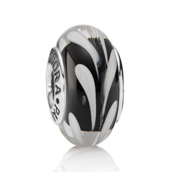 Pre-Owned Murano Black + White Swirl Charm Sterling Silver