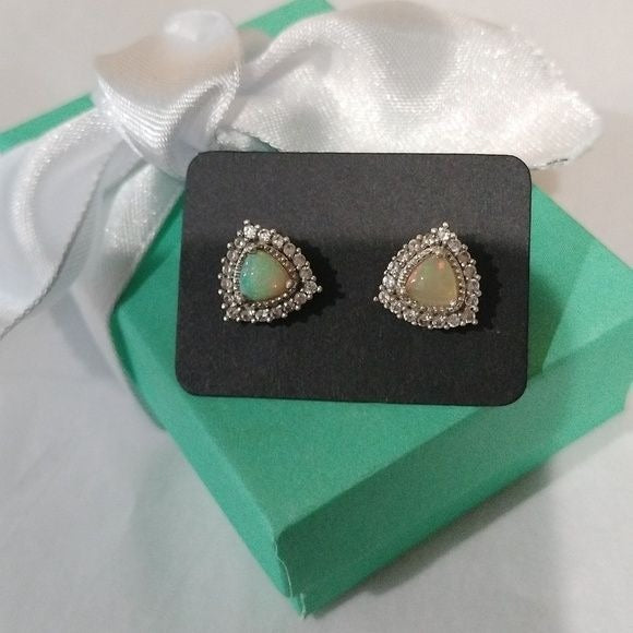 D'Joy Sterling Silver+ Ethiopian Welo Opals w/ Diamonds Post Earrings