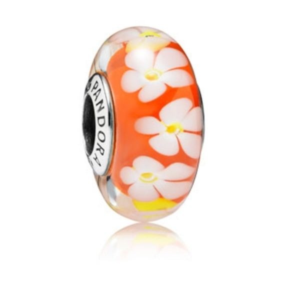 Pandora Sterling Silver Tropical Flower Orange Murano Glass Bead - 791624