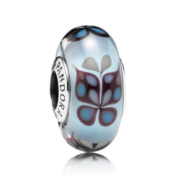 Pandora Retired Sterling Silver Blue Butterfly Kisses Murano Glass Bead - 791622