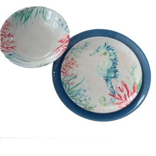 Load image into Gallery viewer, Melamine Sea Life Sea Horse Salad Plate, Blue Dinner Plate and matching …
