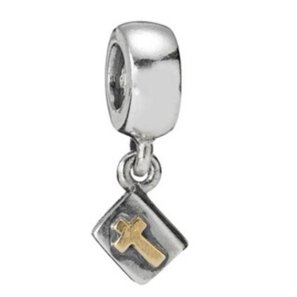 Pandora Retired Sterling Silver + 14k Gold Bible Dangle Bead with Cross - 790409