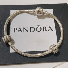 Load image into Gallery viewer, Pandora Sterling Silver 7" Snakechain Starter Bracelet w/  2 Ribbed Clips 790163

