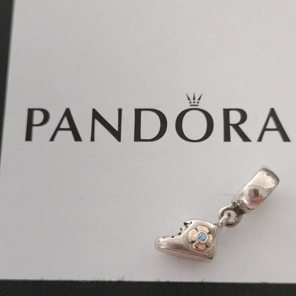 Pandora Sterling Silver and 14k Gold Baby Booty Dangle w/ Blue CZ 790403czb