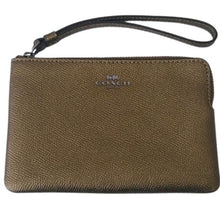 Load image into Gallery viewer, Coach F21070 Crossgrain Metallic Leather Corner Zip Wristlet, QB/Metallic Fern

