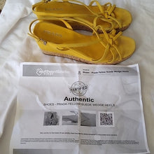 Load image into Gallery viewer, Prada Women&#39;s Golden Yellow Suede Cork Wedge Heels, 38 or size 7.5
