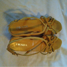 Load image into Gallery viewer, Prada Women&#39;s Golden Yellow Suede Cork Wedge Heels, 38 or size 7.5

