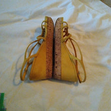 Load image into Gallery viewer, Prada Women&#39;s Golden Yellow Suede Cork Wedge Heels, 38 or size 7.5
