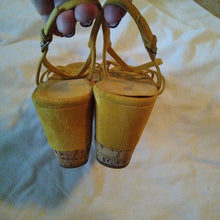Load image into Gallery viewer, Prada Women&#39;s Golden Yellow Suede Cork Wedge Heels, 38 or size 7.5
