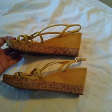 Load image into Gallery viewer, Prada Women&#39;s Golden Yellow Suede Cork Wedge Heels, 38 or size 7.5
