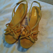Load image into Gallery viewer, Prada Women&#39;s Golden Yellow Suede Cork Wedge Heels, 38 or size 7.5
