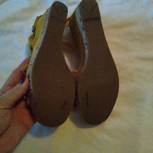 Load image into Gallery viewer, Prada Women&#39;s Golden Yellow Suede Cork Wedge Heels, 38 or size 7.5
