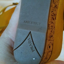Load image into Gallery viewer, Prada Women&#39;s Golden Yellow Suede Cork Wedge Heels, 38 or size 7.5
