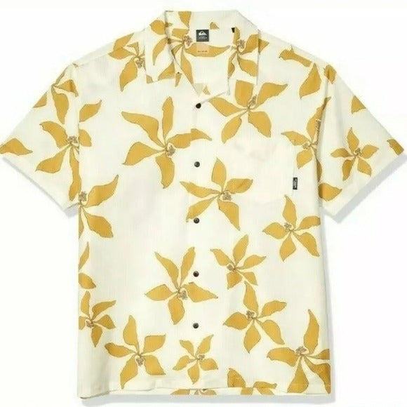 Quiksilver Men's Waterman Falling Blossom Hawaiian Shirt, Gold, Size Medium