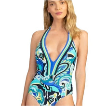 Load image into Gallery viewer, Trina Turk Ipanema Plunge Tropical Halter One Piece Swimsuit, size 14
