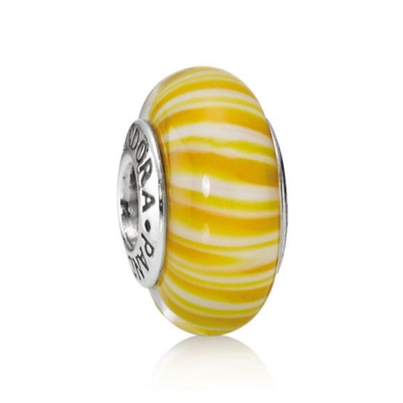 Pandora Retired Yellow Murano Glass Bead with Candy Stripes - 790678