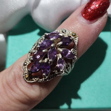 Load image into Gallery viewer, Elegant Purple Amethyst Sterling Silver + Marcasite Cocktail Ring, Size 8
