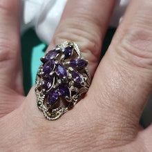 Load image into Gallery viewer, Elegant Purple Amethyst Sterling Silver + Marcasite Cocktail Ring, Size 8

