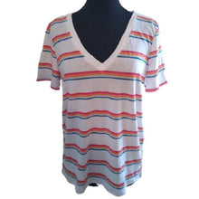 Load image into Gallery viewer, Junior's PINK Victoria's Secret Striped V Neck Tee shirt, White Multi,  Small
