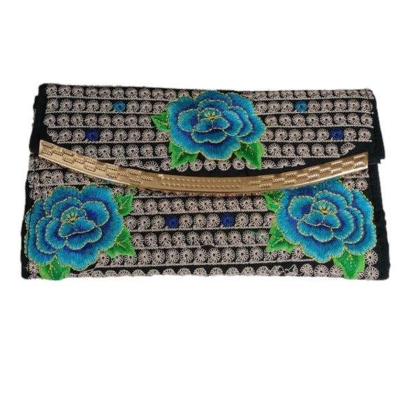 Blue Floral Flowers Embroidery Clutch Wallet