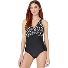 Load image into Gallery viewer, Maxine of Hollywood Dandelion Dot Drape Wrap Front Swimsuit, Black/White, 14
