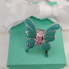 Load image into Gallery viewer, Sterling Silver, Pink Stones + Enamel Butterfly Statement Ring, size 9
