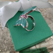Load image into Gallery viewer, Sterling Silver, Pink Stones + Enamel Butterfly Statement Ring, size 9
