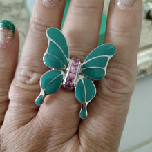 Load image into Gallery viewer, Sterling Silver, Pink Stones + Enamel Butterfly Statement Ring, size 9
