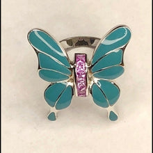 Load image into Gallery viewer, Sterling Silver, Pink Stones + Enamel Butterfly Statement Ring, size 9
