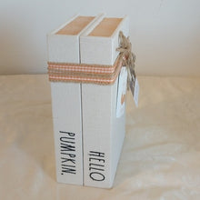 Load image into Gallery viewer, Rae Dunn Fall Decor HELLO PUMPKIN. Fabric covered Book Stack
