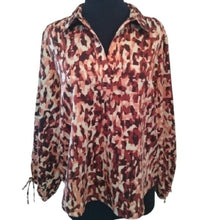 Load image into Gallery viewer, Women's Andrew Marc Camo Blouse, Wine/Peach/Off White, Size Medium NWT

