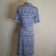 Load image into Gallery viewer, Scroll Chain Blue +White Midi Career Dress, Size Medium
