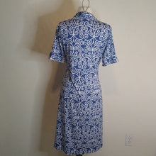 Load image into Gallery viewer, Scroll Chain Blue +White Midi Career Dress, Size Medium
