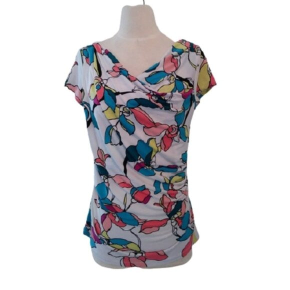 Women's Worthington Floral Draped S/S Career Blouse, White Multi, Size Small