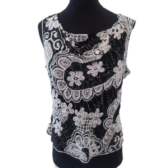 Paradise NY  Black/White  Beaded Silk Sleeveless Blouse Top, Size Large